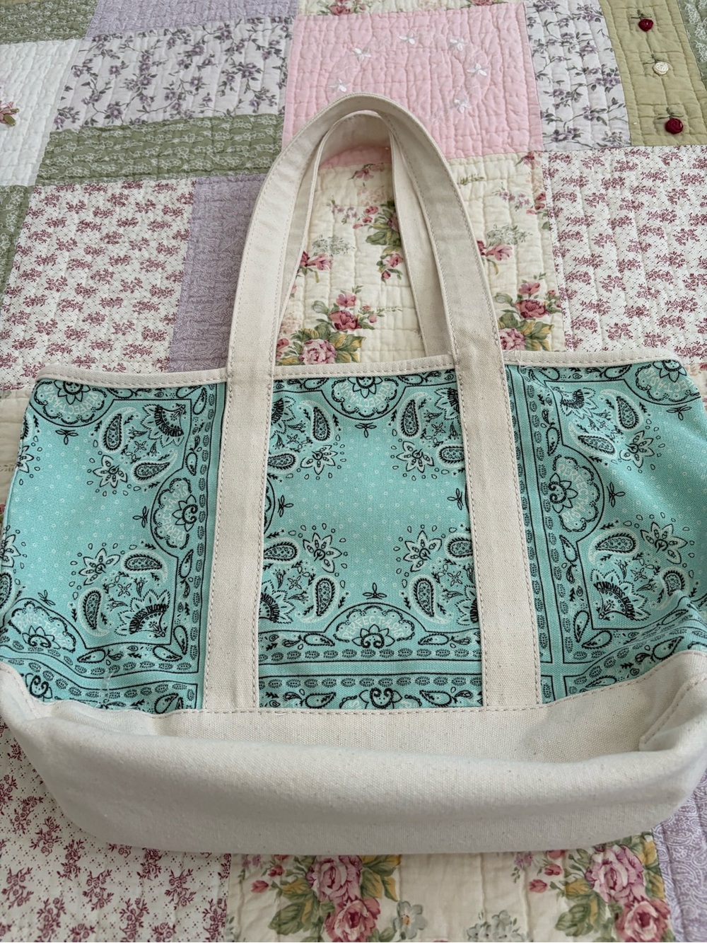 Target Aqua Paisley Canvas Tote with Cream Handles and Base